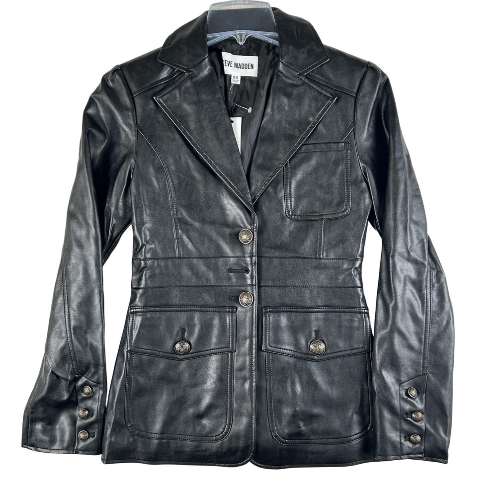 Steve Madden Jacket Womens XS Black Faux Leather Blazer Crest Buttons Mid Length